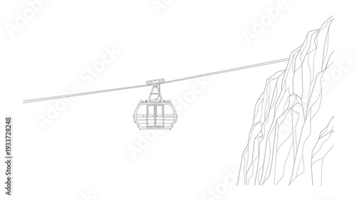 Mountain Ascent: A cable car traverses a sheer cliff face, symbolizing adventure and the thrill of exploration. The crisp lines of the drawing enhance the feeling of journeying to the top.