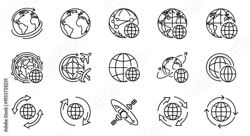 Set of circular globe icons and travel themed vector illustrations for design projects.