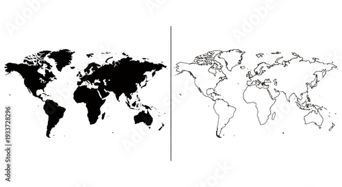 Dual World Map with Black Silhouette and White Outline – Graphic Resources Illustration.