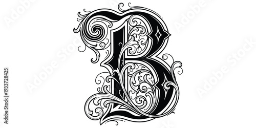Ornate letter B illustration, decorative typography, black white design, floral scroll motif, vintage baroque artwork, elegant curves, classical motif, decorative design, flat vector drawing