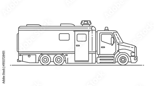 Mobile Command Center: A detailed line drawing of a state-of-the-art mobile command center, highlighting its robust design and technological prowess for emergency response and management.