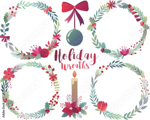Festive Winter Botanical Holiday Wreaths and Candle Vector Set, Floral Frame and Round Wreath with Blooming Twig Vector Set