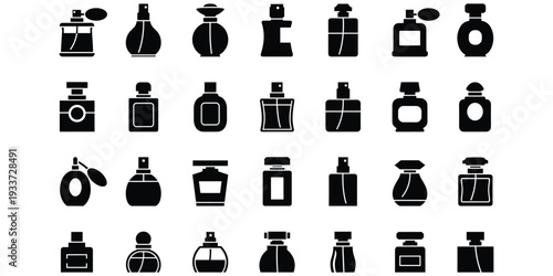 Perfume bottle icon set, black silhouette illustration, cosmetic motif, fragrance design, spray nozzle artwork, decorative shapes, branding inspiration, fashion symbol, flat vector drawing