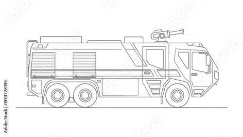 Heavy Duty Fire Truck: The detailed side view of a robust fire truck, essential for firefighting and emergency response, features prominent wheels, a water cannon, and compartments for equipment.