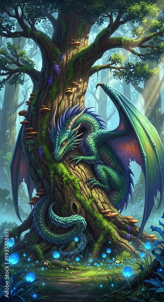 Naklejka premium Fantasy Dragon Wrapped Around Tree Trunk.