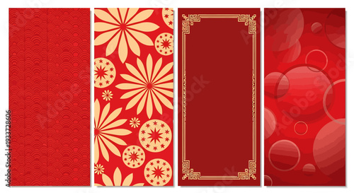 Decorative red patterned cards and envelopes with floral motifs for celebrations.