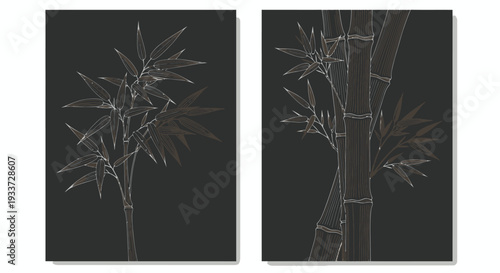 Dual panel grayscale bamboo plant silhouettes in dark background.