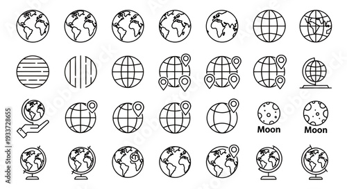Collection of globe and Earth icons showing various styles for graphic design projects.