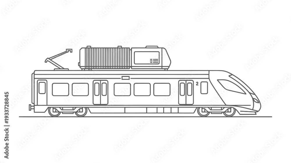 Fototapeta premium Sleek Railway Transit: A modern train glides along a linear track, showcasing contemporary railway design, ideal for transit or transportation concept.