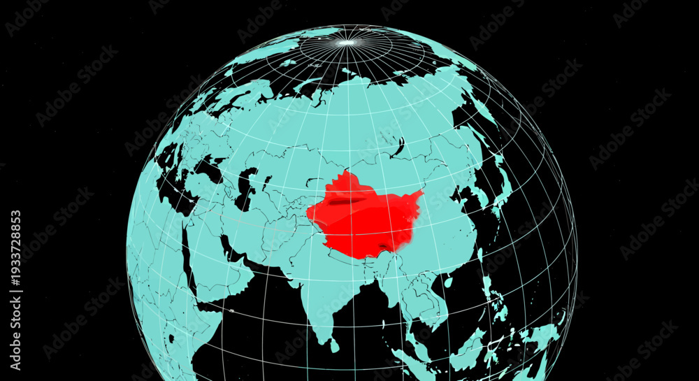 Naklejka premium Illustrated globe with China highlighted in red against a dark map background.