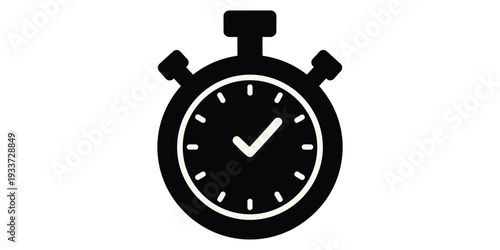 Stopwatch icon illustration, black white design, time tracking motif, punctuality artwork, sports timer, productivity symbol, completion checkmark, decorative motif, flat vector drawing