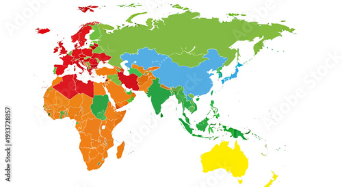 Colorful World Map Illustration with Distinctly Colored Continents and Oceanic Hues.