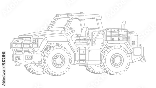Rugged Utility Vehicle Blueprint: A detailed technical drawing showcasing a robust all-terrain vehicle, highlighting its powerful build and design elements.
