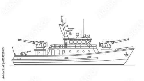 Naval Vessel Schematic: A detailed, technical illustration showcases a military-grade naval vessel.