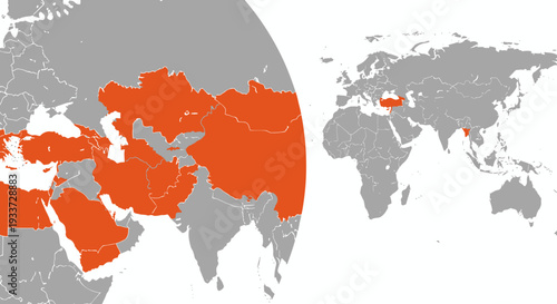 World map illustration with highlighted continents in orange and gray tones.