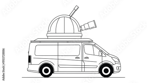Astronomy Van: An illustration of a van designed as a mobile observatory, complete with a rooftop dome and telescopes, perfect for stargazing adventures.