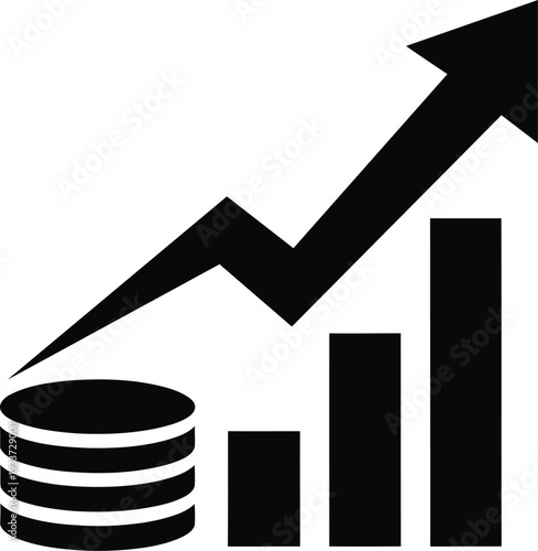Financial growth and investment icon with coins and bar graph on white background