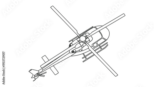 Aviation Marvel: Overhead view of a helicopter outlining, highlighting its complex machinery and aerodynamic design.