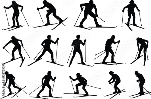 Silhouettes of people skiing in various dynamic poses with ski poles on snow