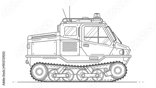 Detailed Tracked Vehicle Blueprint: A technical blueprint showcases a specialized tracked vehicle, with a detailed outline that provides a clear view of its components and design.