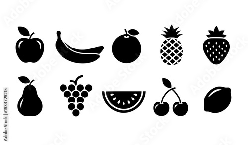 Bold Black and White Fruit Silhouette Icon Set for Modern Logo and Design Projects