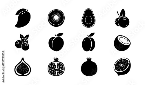 Minimal Monochrome Fruit Silhouette Icons in Grid Layout for Logo and Packaging Design