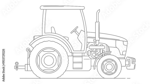 Detailed Tractor Outline: A precise, linear illustration of a robust tractor, a workhorse of agriculture, showcasing its intricate mechanical design and essential components.