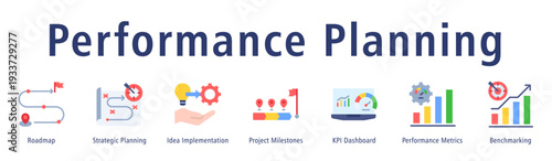 Performance Planning web banner icon vector illustration concept with icon of roadmap, idea implementation, project milestones, KPI dashboard, performance metrics, benchmarking, and planning.