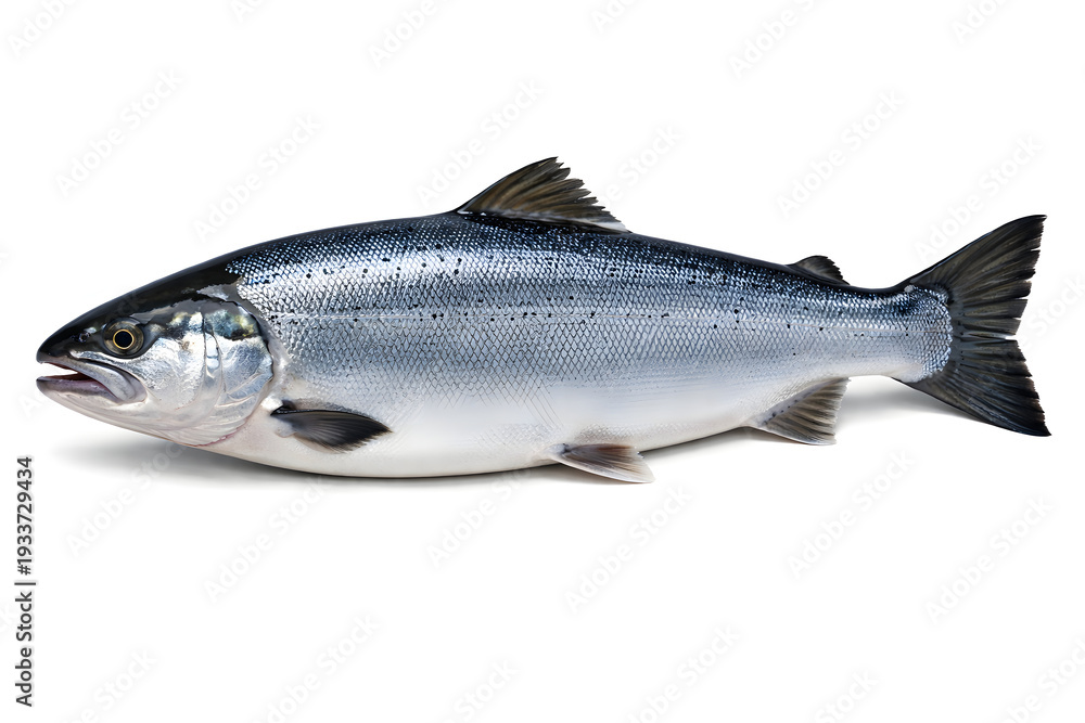 Obraz premium Ultra Detailed Fresh Salmon Fish Whole Body Side View Isolated on White Seamless Background