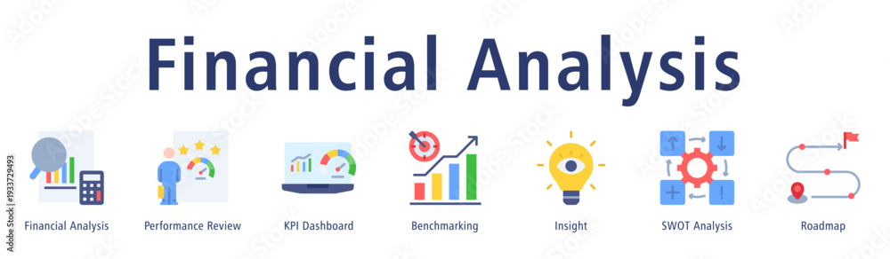 Fototapeta premium Financial analysis web banner icon vector illustration concept with icon of financial analysis, performance review, KPI dashboard, benchmarking, insight, SWOT analysis, and roadmap.