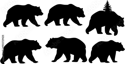 Black Bear Silhouette Set: Walking, Standing, and with Tree