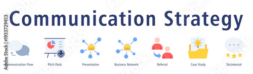Communication strategy web banner icon vector illustration concept with icon of communication flow, pitch deck, presentation, business network, referral, case study, and testimonial.