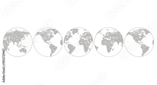 Row of five gray world globes icons for design projects.