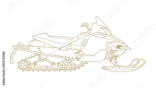 Snowmobile Outline: A detailed outline of a modern snowmobile, highlighting its design and components, ready for winter adventures.