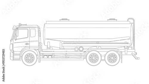 Fuel Tanker: A detailed, monochromatic illustration of a fuel tanker, highlighting its intricate design and robust build. The tanker, designed for safe and efficient fuel transportation.