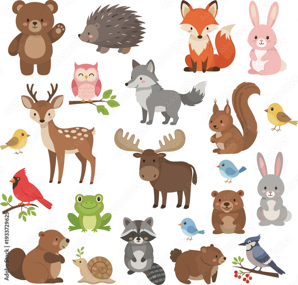 Obraz premium Cute Forest Animals Collection Cartoon Vector Set with Bear, Fox, Moose, Deer, Raccoon and Birds