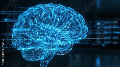 Abstract blue digital brain illustration with interconnected data streams and glowing lights