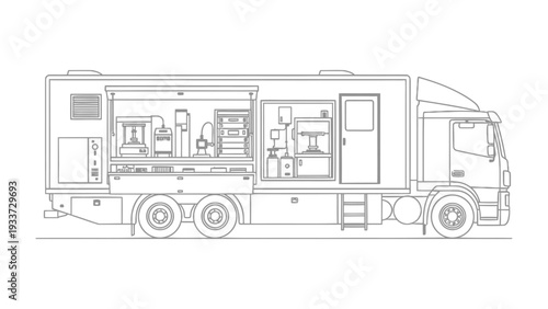 Mobile Lab on Wheels: A detailed side view of a cutting-edge mobile laboratory mounted on a large truck, ready to bring scientific advancements directly to the field.