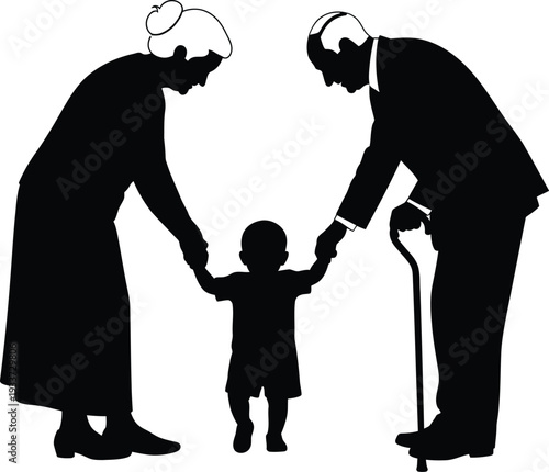 Silhouette of pope and priest holding a child's hands in a symbolic gesture