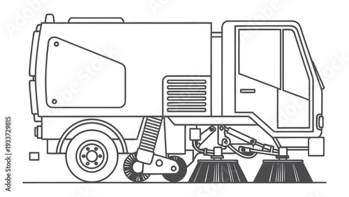 Street Sweeper Illustration: A precise illustration of a street sweeper, designed for urban road maintenance, showing its essential components and functionality.