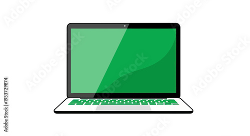 Modern Laptop with Green Screen Display on White Background - Technology Concept