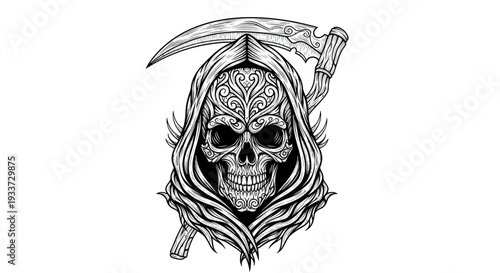Grim Reaper Skull with Scythe, Ornamental Tattoo Design, Dark Art