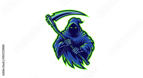 Grim Reaper Holding Scythe, Dark Hooded Figure with Glowing Eyes, Death Symbol