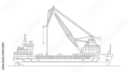Detailed Crane Ship Silhouette: A meticulous outline of a formidable crane ship, showcasing its robust structure and operational mechanisms. This image embodies industry and transportation.