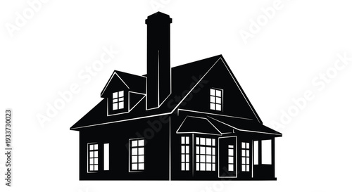 A stark black silhouette of a classic home with a chimney and gabled roof silhouette high quality professional
