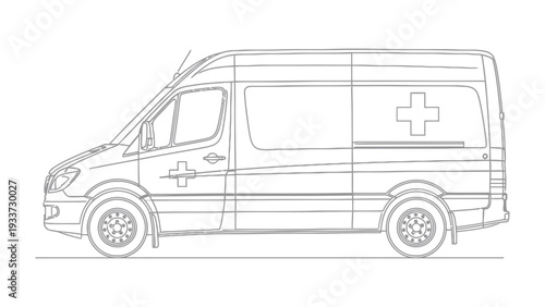 Ambulance Illustration: A detailed line drawing of an ambulance, highlighting its essential features and functionality, ready to assist in medical emergencies.
