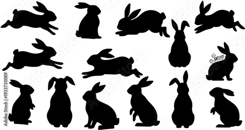 Black Rabbit Silhouettes Collection: Various Poses  Leaping, Sitting, Standing. Ideal for Easter, Spring, and Wildlife-themed Designs.