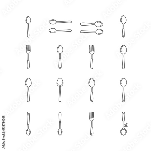 Kitchen Utensil Icons: A Diverse Collection of Spoons, Forks, and Scoops in Line Art Style