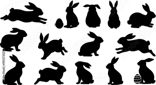 Set of diverse black rabbit and Easter bunny silhouettes in various poses, including Easter eggs, perfect for spring holidays and animal-themed designs.