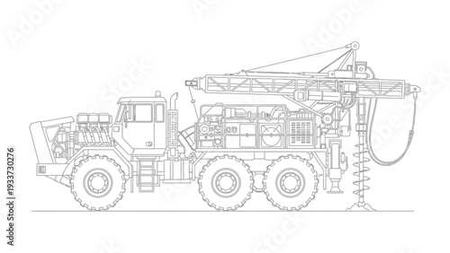 Heavy Drilling Machine Blueprint: Detailed monochrome blueprint depicts a massive drilling machine, a symbol of industrial strength and technological precision. 